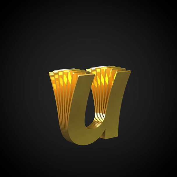 Lettera U minuscola 3D. Caratteri 3D renderizzati oro intagliato. Alfabeto simbolo dorato isolato su sfondo nero
 - Foto, immagini