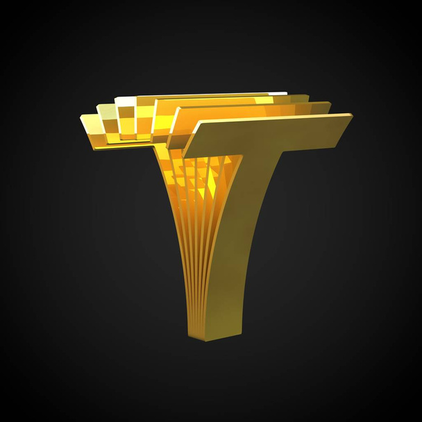 Carta 3D T maiúscula. 3D renderizar cutaway gold fonte. Símbolo alfabeto dourado isolado no fundo preto
 - Foto, Imagem