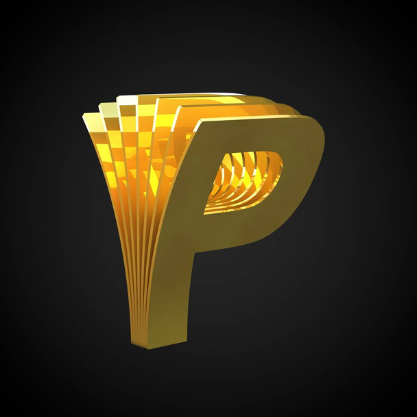 3D-s betű P nagybetűs. 3D render cutaway arany betűtípus. Arany ábécé szimbólum izolált fekete háttér - Fotó, kép