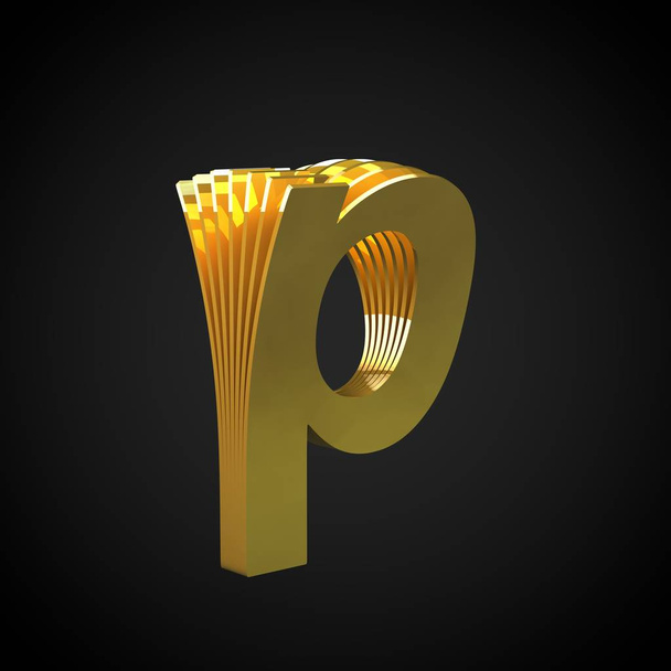 3D-s P betű kisbetű. 3D render cutaway arany betűtípus. Arany ábécé szimbólum izolált fekete háttér - Fotó, kép