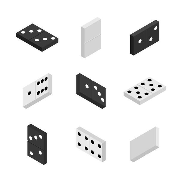 Set von Spielsymbolen. Schwarz-weiße Gegenstände für das Dominospiel. Flache, isometrische 3D-Darstellung, Vektorillustration. - Vektor, Bild