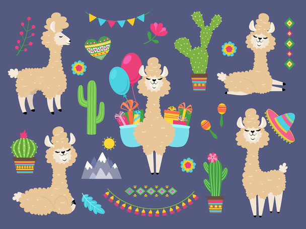Alpaca carino. Divertente lama dei cartoni animati, lama del bambino peru e fiori di cactus. Alpaca selvatici animali personaggi
 - Vettoriali, immagini