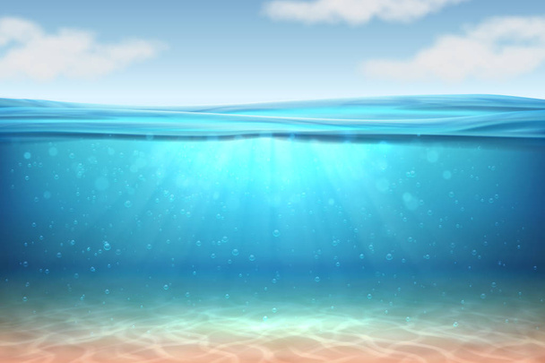 Ρεαλιστική υποβρύχιο φόντο. Βαθιά νερά στον ωκεανό, θάλασσα κάτω από την στάθμη του νερού, ήλιο ακτίνες horizon μπλε κύμα. Επιφανείας 3d διάνυσμα έννοια - Διάνυσμα, εικόνα