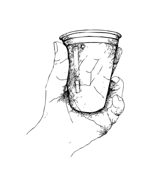 コーヒー タイム、白い背景に分離された使い捨てのカップにコーヒーのテイクアウトを持っている手のイラスト手描きスケッチ. - ベクター画像