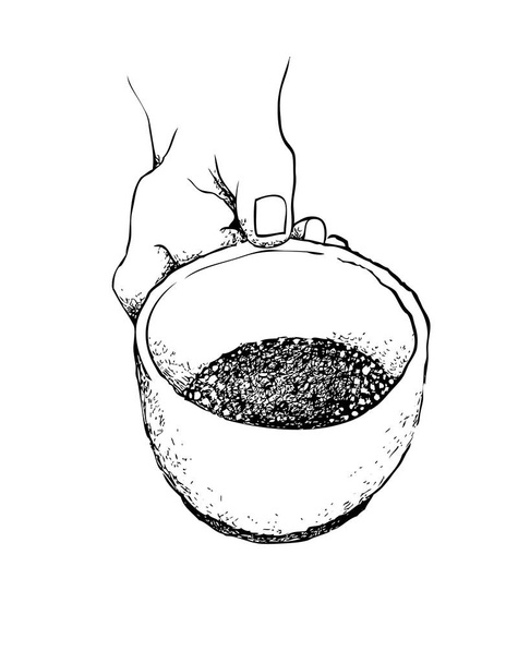 Hora del café, ilustración boceto dibujado a mano de la mano sosteniendo una taza de café aislado sobre fondo blanco
. - Vector, imagen