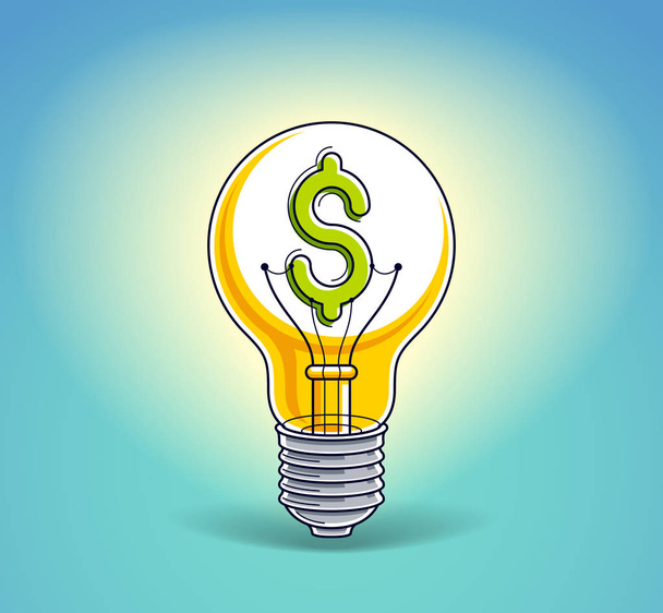 Light bulb concept with dollar sign instead of tungsten wire, financial idea for business, beautiful vector illustration. - Wektor, obraz