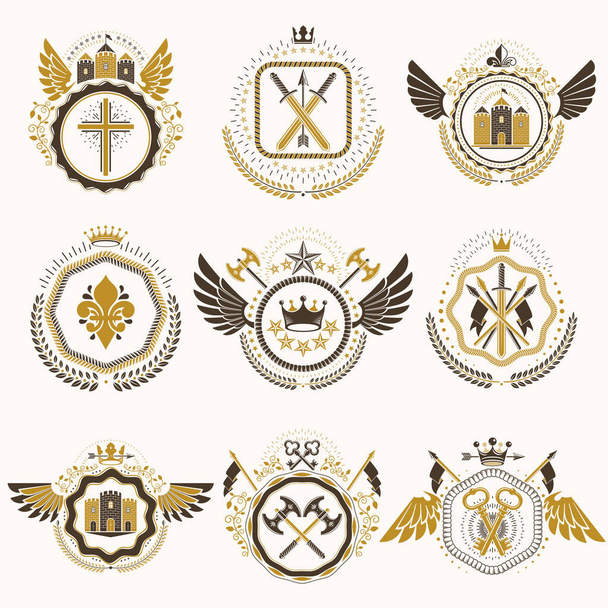 Set of vector vintage emblems created with decorative elements like crowns, stars, bird wings, armory and animals.  Collection of heraldic coat of arms. - Vetor, Imagem