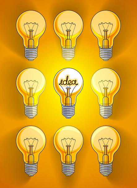 Light bulbs beautiful vector illustration with single one shining, idea concept, think different, stand out of crowd, creative inspiration. - Vector, Image