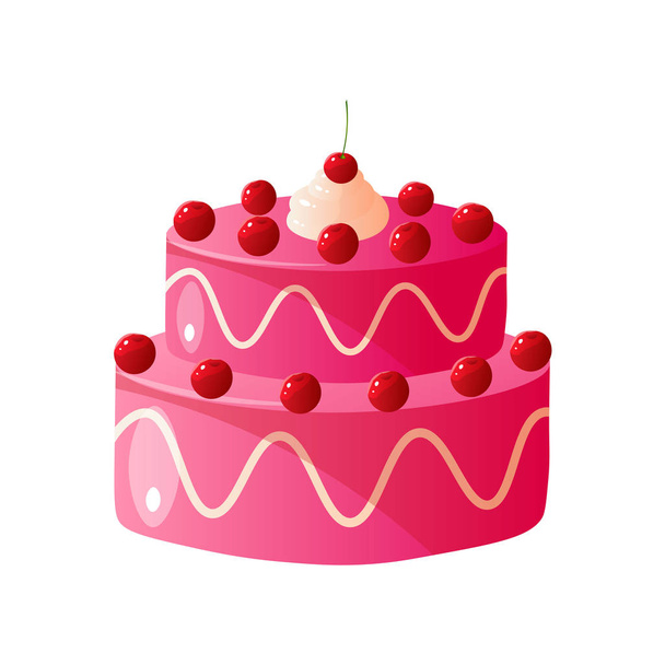Delicious Pink Cake with Fresh Cherries, Sweet Tasty Dessert Vector Illustration - Διάνυσμα, εικόνα