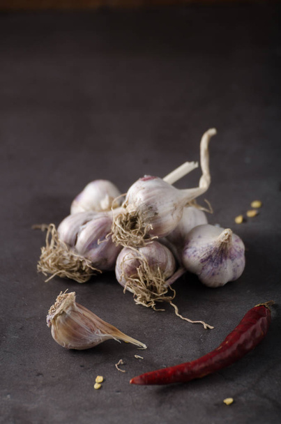 Bio garlic from garden, organic garlic on dark background - Foto, Imagem