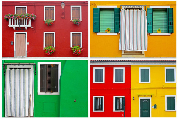 Bâtiments colorés dans Burano île rue ensoleillée, ensemble
 - Photo, image