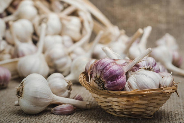 Bulbs and cloves of natural organic garlic on a linen mat and in a homemade basket, selective focus - Foto, imagen