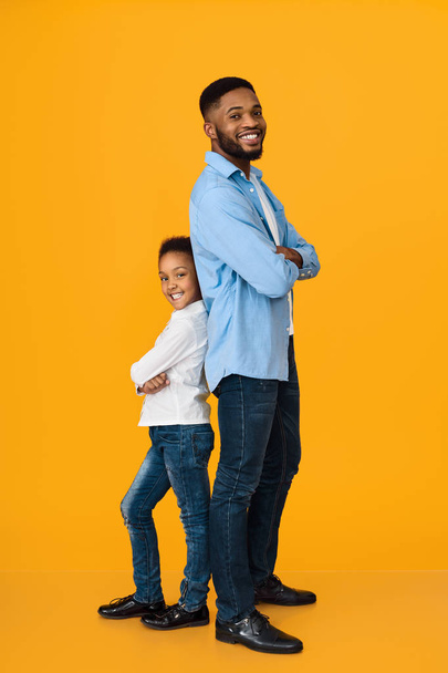 Афро-американский отец и дочь стоят спиной к спине
 - Фото, изображение