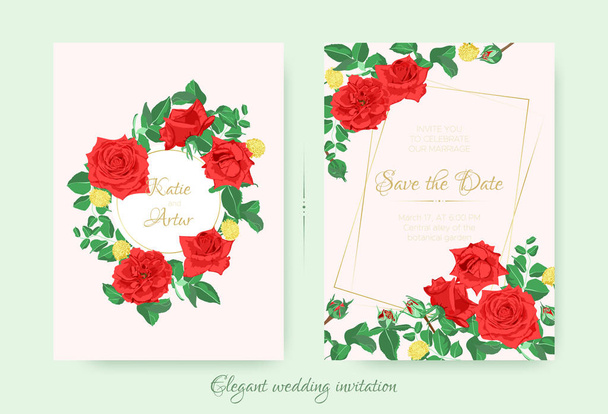 Convite de casamento com rosas vermelhas e folhas
. - Vetor, Imagem