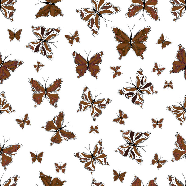 Art butterflies on brown, black and white colors. Cute background for paper, design of fabric, wrappers and sketch. Children butterfly seamless pattern. Vector. - Vetor, Imagem