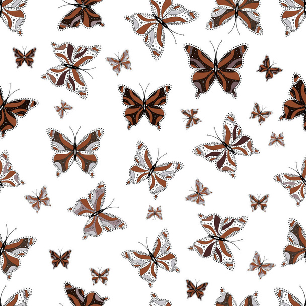 nahtloses Muster. Hintergrund für Stoff, Textil, Druck und Einladung. schöne Farbe Schmetterlinge auf einem braunen, weißen und grauen Farben. Vektorillustration. - Vektor, Bild