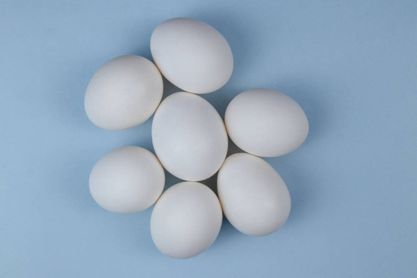 Άσπρα αυγά closeup δείτε απομονωμένο σε γαλάζιο φόντο - Φωτογραφία, εικόνα