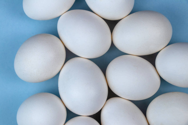 Witte eieren close-up bekijken op geïsoleerde hemelsblauw achtergrond - Foto, afbeelding