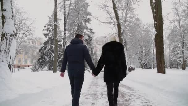 Beau jeune couple marchant dans le parc se tenant la main
. - Séquence, vidéo