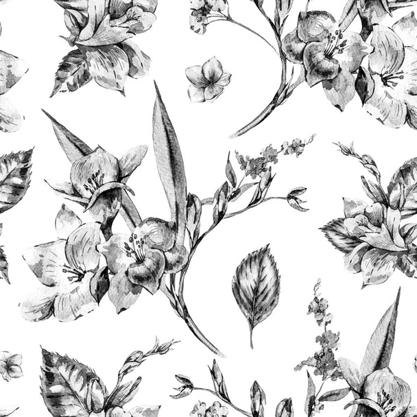 Patrón sin costura floral acuarela de Freesia y flores de jardín
 - Foto, imagen
