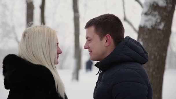 Beau jeune couple tenant la main parlant et souriant dans un parc d'hiver de la ville
. - Séquence, vidéo