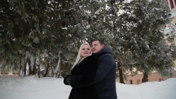 Nádherný mladý pár, který se v zimním parku objímat a mluví. - Záběry, video