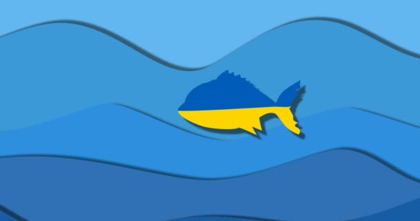 ウクライナの旗の色で小さな魚がロシアとの対立の巨大な捕食魚の口の中に落ちる - 映像、動画