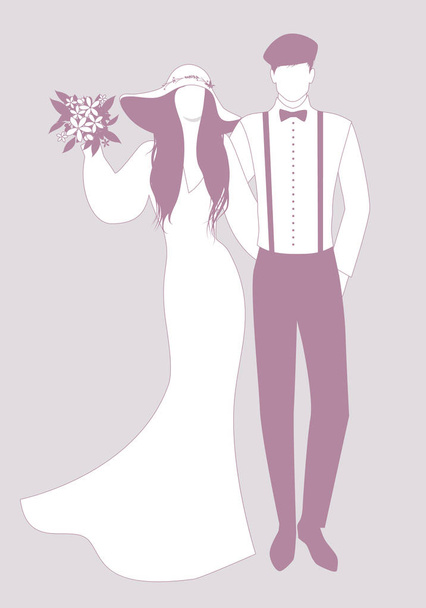 Silhouetten von Brautpaaren in Hochzeitskleidung. breitkrempiger Hut für sie und Baskenmütze, Hosenträger und Fliege für ihn. - Vektor, Bild