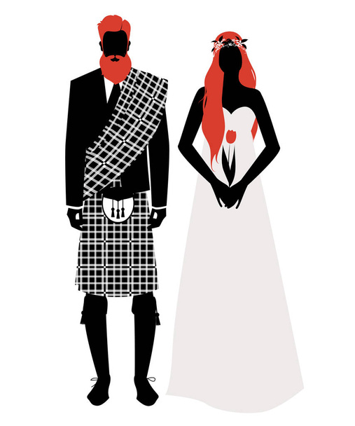 Siluetas de recién casados con ropa de boda estilo escocés. Elegante novio barbudo y pelirrojo con ropa tradicional escocesa y hermosa novia pelirroja de pelo largo sosteniendo un tulipán
 - Vector, Imagen