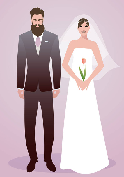Νεαρό ζευγάρι νεόνυμφων φορώντας ρούχα του γάμου. Κομψό γενειοφόρος γαμπρός και νύφη με πέπλο κρατώντας μια τουλίπα - Διάνυσμα, εικόνα