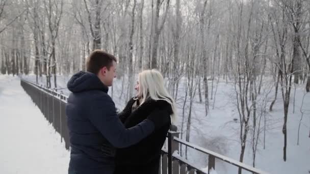 Bonito casal jovem abraçando e falando em um parque de inverno da cidade
. - Filmagem, Vídeo