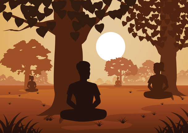 Buddhista nők és férfiak fizetni vonat meditáció, gyere a béke, és ki szenved a fa alatt, sziluett stílus vektoros illusztráció - Vektor, kép