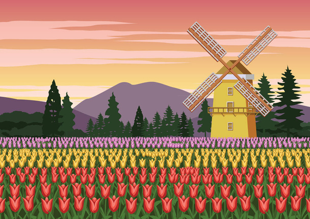 τουλίπα κήπο, διάσημο σύμβολο του Holland και άνεμος μύλος γύρω με όμορφη φύση, vintage χρώμα, εικονογράφηση διάνυσμα - Διάνυσμα, εικόνα