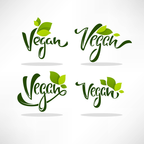 vegan, healthy and organic, green glossy leaves and lettering composition for your labels, logo, emblems design template - ベクター画像
