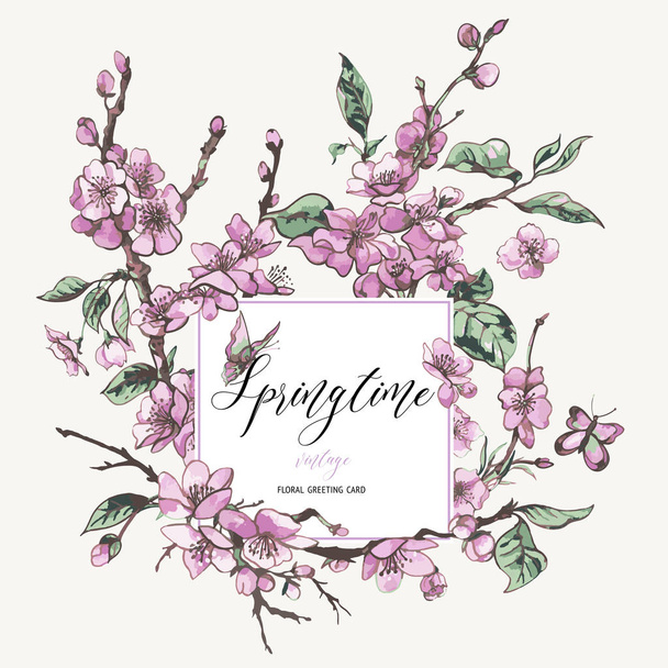 Akvarel na jaře blahopřání vintage květinový Buket s růžová - Vektor, obrázek