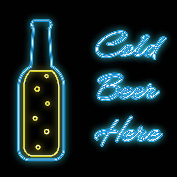 Een eenvoudige abstracte neon heldere gloeiende blauwe opvlammend pictogram, een uithangbord voor een bar van een bierflesje met de inscriptie koud biertje hier en kopie ruimte op een zwarte achtergrond. Vectorillustratie - Vector, afbeelding