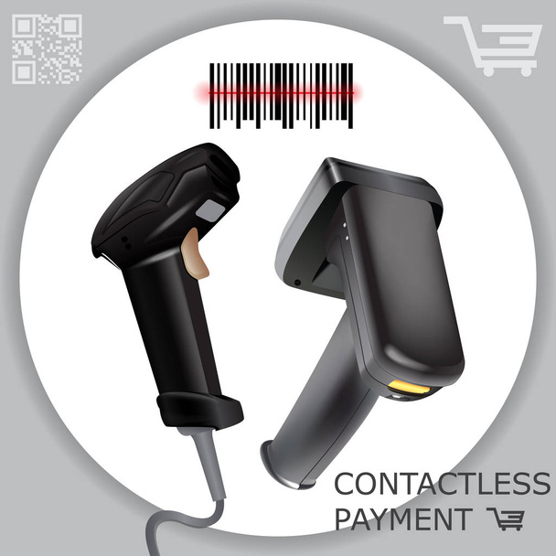 Hand held wireless barcode scanner reader scanning bar code on white background. Laser beam. Vector illustration in 3d realistic contactless style. - Vector, Image
