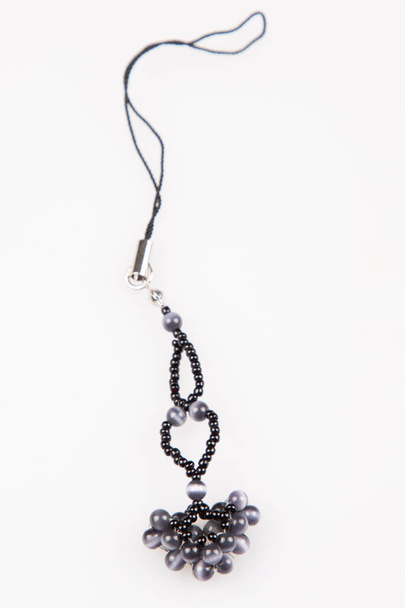 homemade jewerly necklace by black pearl beads on white background - Photo, Image