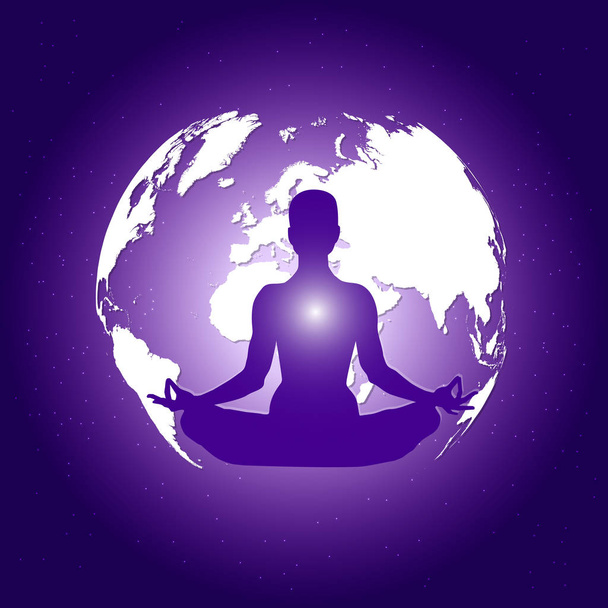 Human body in yoga lotus asana on dark blue space with planet Earth and stars background. - Vector, Image