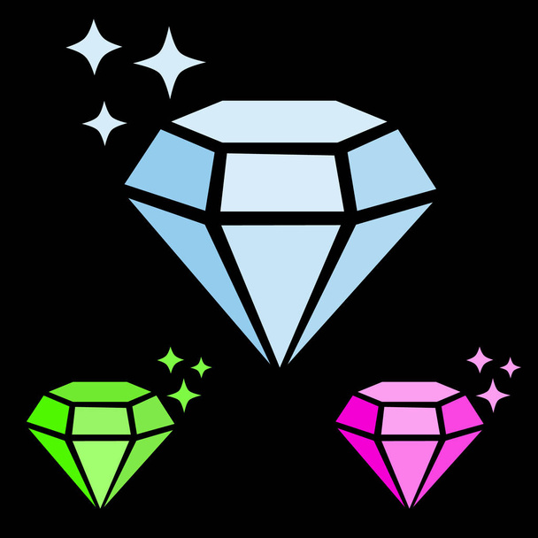 set van juweel gem pictogram blauwe diamant, roze ruby en groene smaragd Eenvoudige vector met sparkles, zwarte achtergrond, luxe concept - Vector, afbeelding