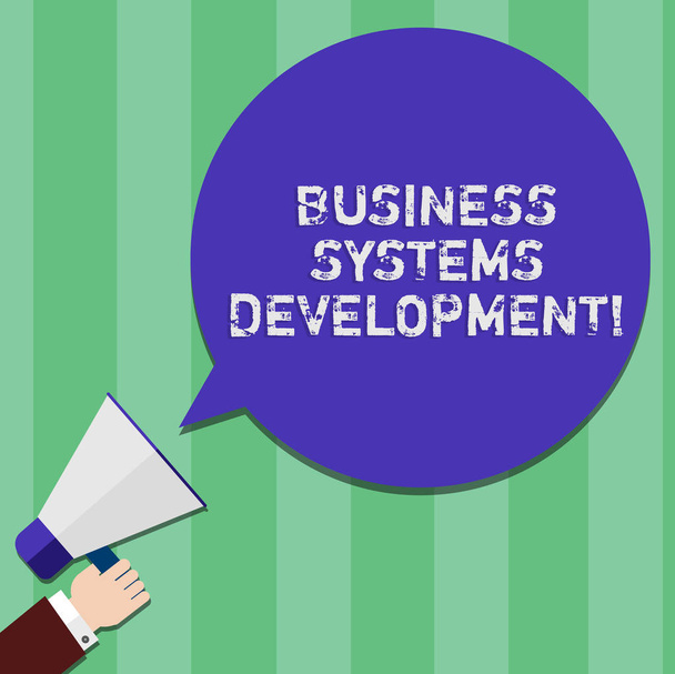 Writing note showing Business Systems Development. Business photo showcasing process of defining and developing systems Hu analysis Hand Holding Megaphone Color Speech Bubble. - Photo, Image