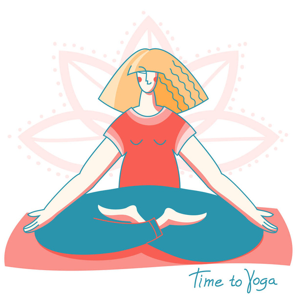 Czas jogi. Kobieta w pozycji lotosu, praktykowanie medytacji jogi maty sportowe. - Wektor, obraz