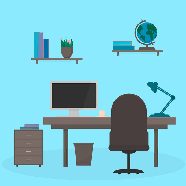 Table with computer, lamp and cup. Shelves  with books and a globe on it. Workplace of the student. Room or office interior. Education and learning concept. Easy to edit flat vector design template. - Vector, Image