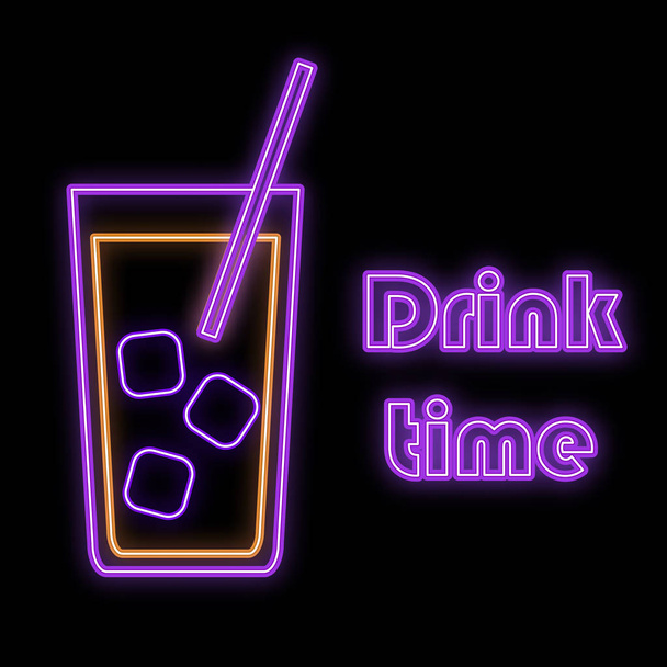 Проста абстрактна неонова яскрава сяюча блакитна фіолетова ікона, знак для барної стійки коктейлю з льодом у склянці з соломою, час пити і копіювати простір на чорному тлі. Векторні
 - Вектор, зображення