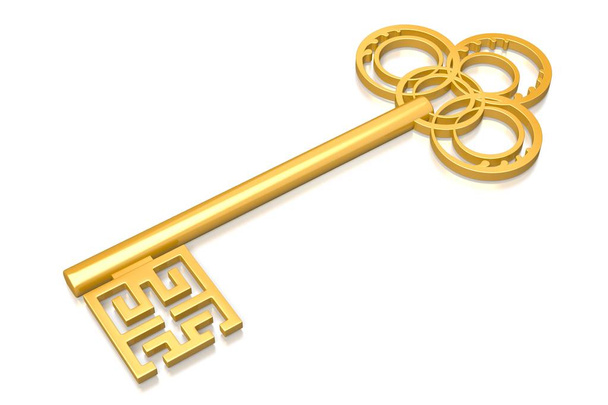 3D golden key on white background - Fotó, kép