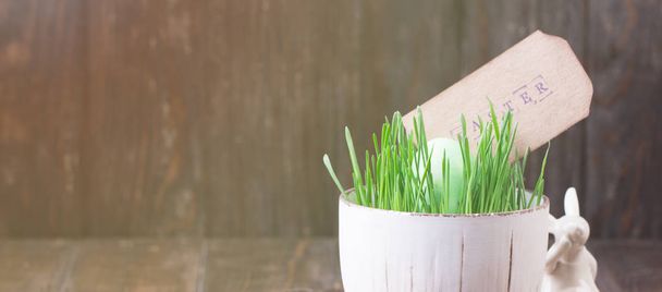 Happy Easter. Congratulatory easter background. Easter bunny and green grass - Fotoğraf, Görsel