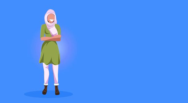 arab woman standing pose happy arabic girl wearing hijab fashion clothes muslim female cartoon character full length flat blue background horizontal - Вектор,изображение