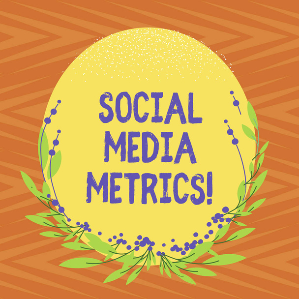 Conceptual hand writing showing Social Media Metrics. Business photo text Benchmarks that determine how well the campaign working Blank Color Oval Shape with Leaves and Buds for Invitation. - Photo, Image