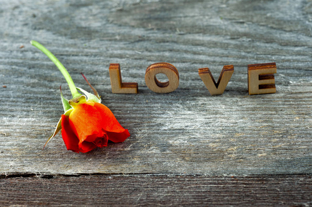 Négy rusztikus ábécé blokkok helyesírási ki szerelem, piros rózsa fa - Fotó, kép