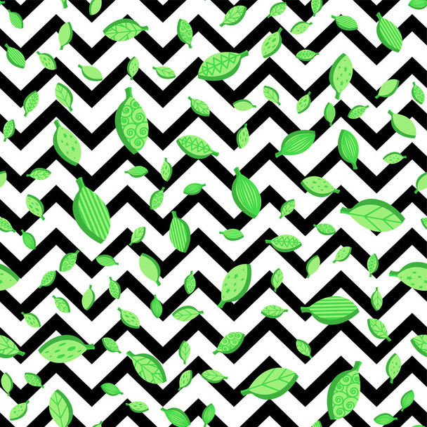 Groene bladeren naadloze vector patroon. Vallen plat gebladerte op zigzag achtergrond. Textielontwerp - Vector, afbeelding